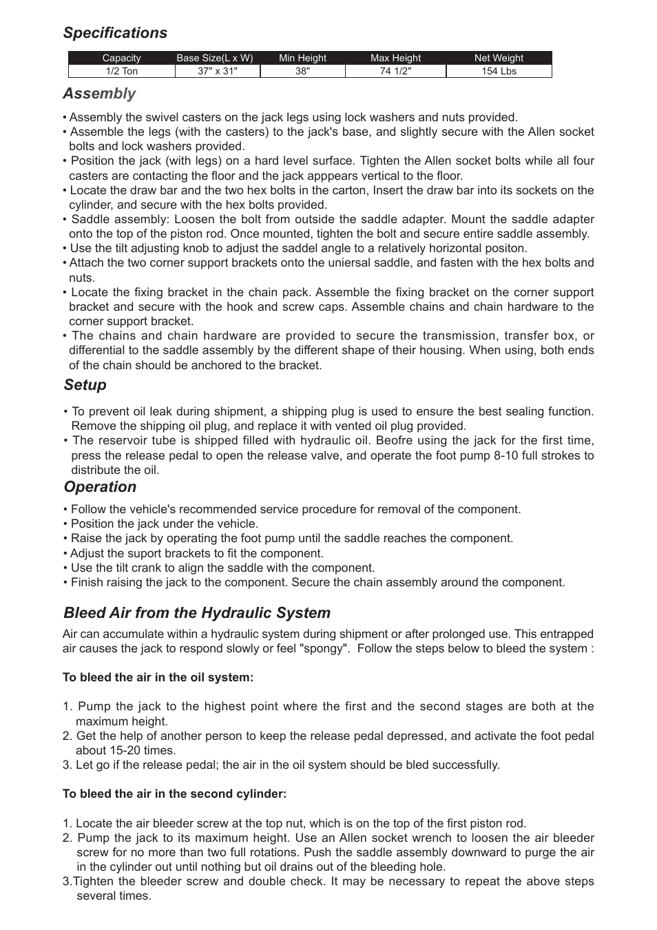 Specifications, Assembly setup, Operation bleed air from the hydraulic system | Jackco Model 766B User Manual | Page 3 / 6