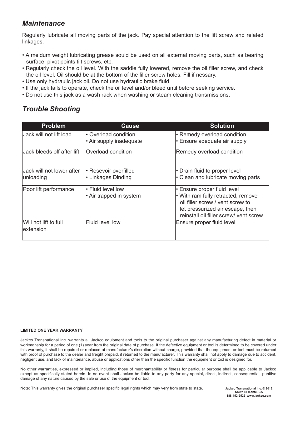 Maintenance, Trouble shooting | Jackco Model 766B User Manual | Page 6 / 6