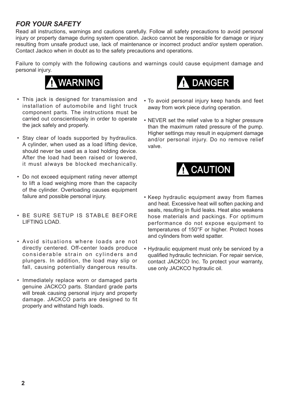 For your safety | Jackco Model 770 User Manual | Page 2 / 8