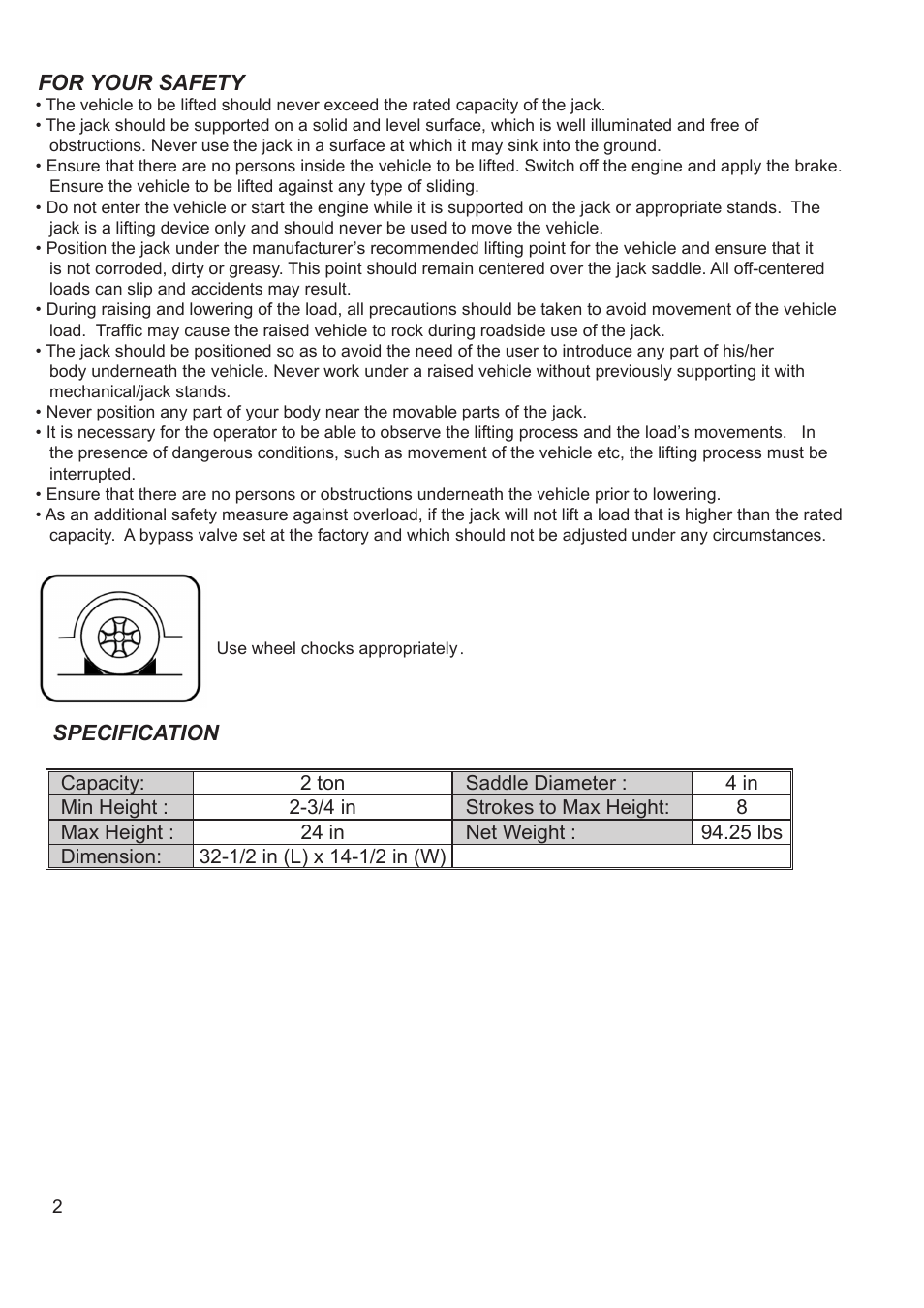 For your safety, Specification | Jackco Model 66200B User Manual | Page 2 / 8