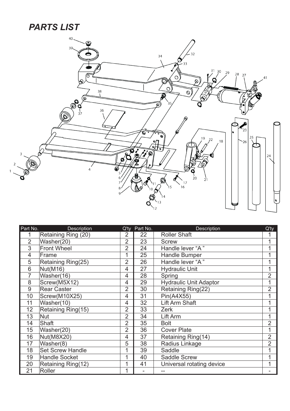 Parts list | Jackco Model 66200B User Manual | Page 7 / 8