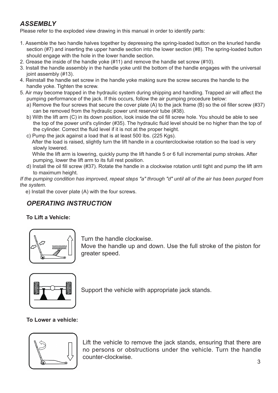 Operating instruction, Assembly | Jackco Models 66300B User Manual | Page 3 / 8