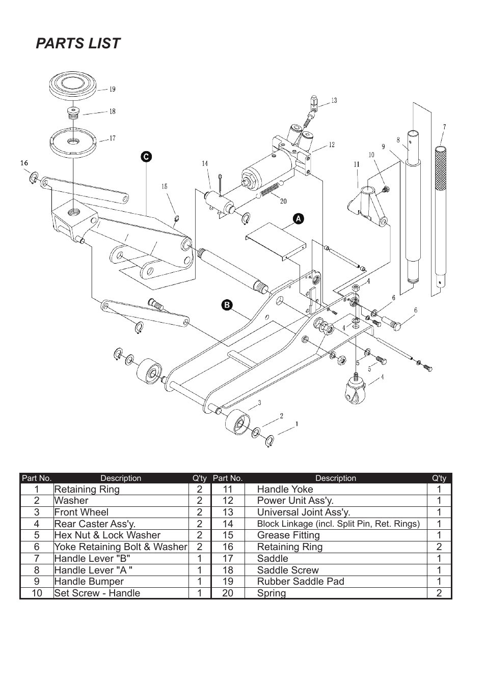 Parts list | Jackco Models 66300B User Manual | Page 6 / 8