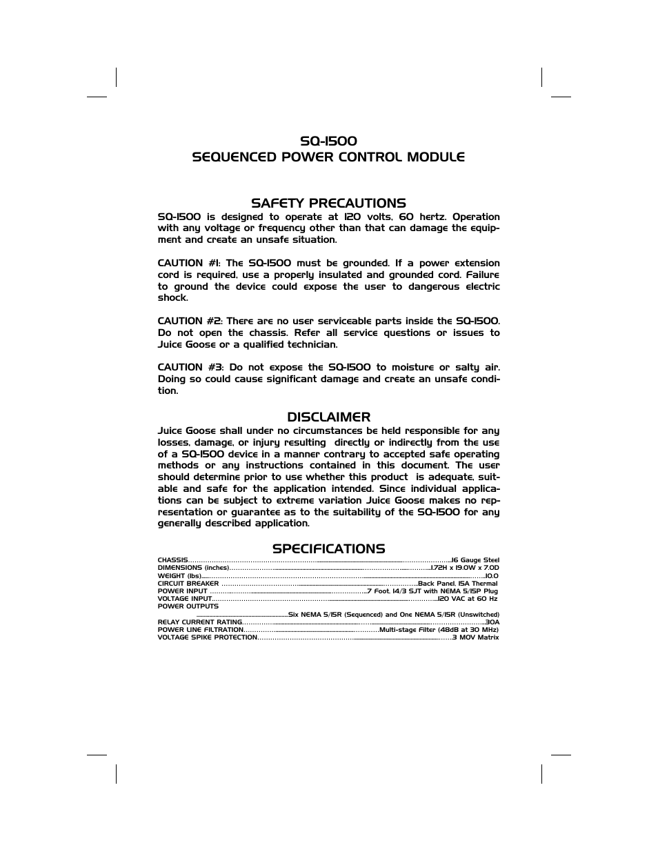 Disclaimer, Specifications | JuiceGoose SQ-1500 User Manual | Page 2 / 4