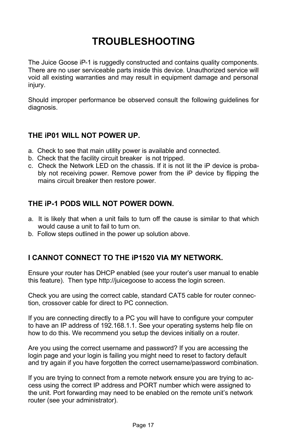 Troubleshooting | JuiceGoose iP 1 (Piwi) User Manual | Page 18 / 20