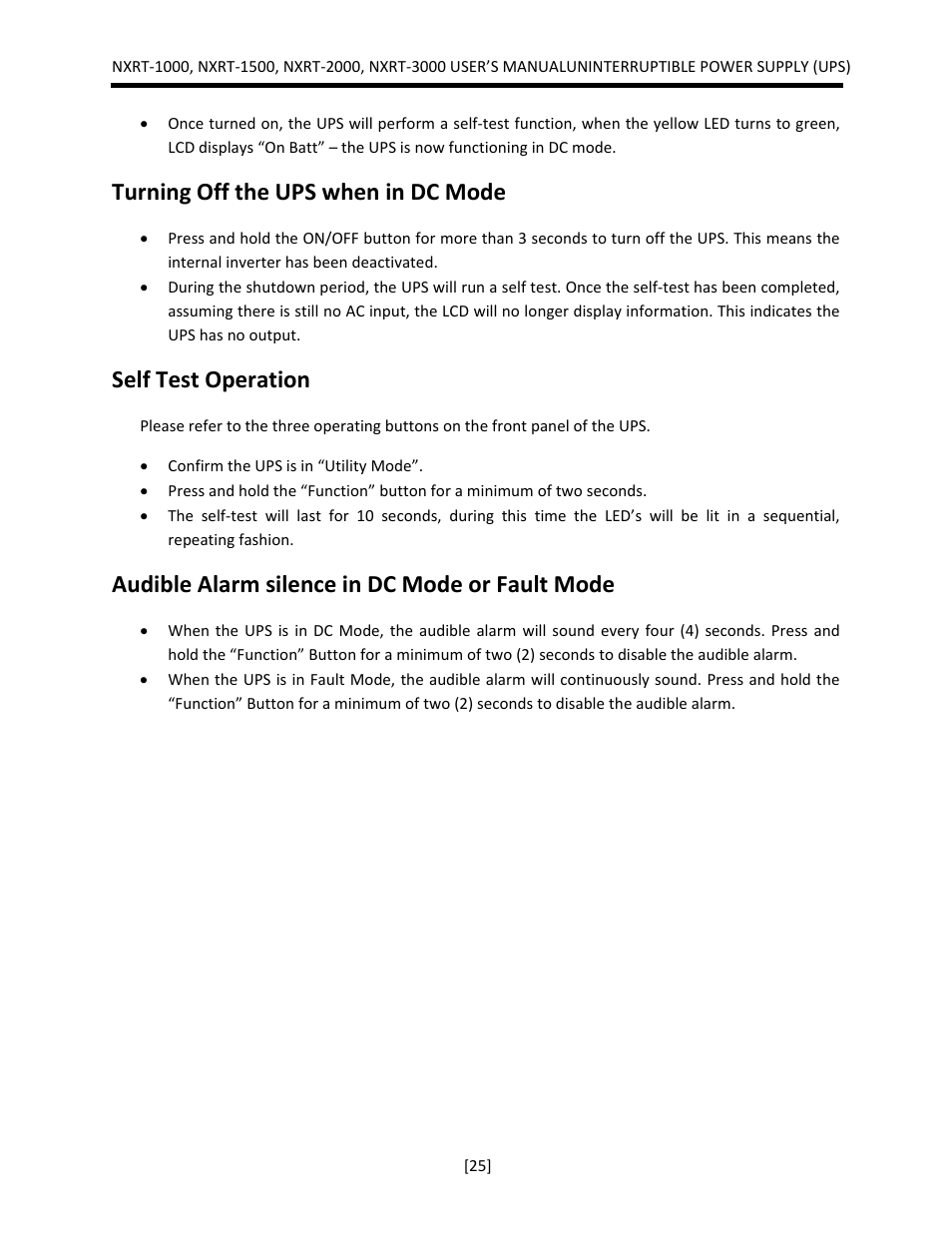 Turning off the ups when in dc mode, Self test operation, Audible alarm silence in dc mode or fault mode | JuiceGoose NXRT Series User Manual | Page 25 / 45