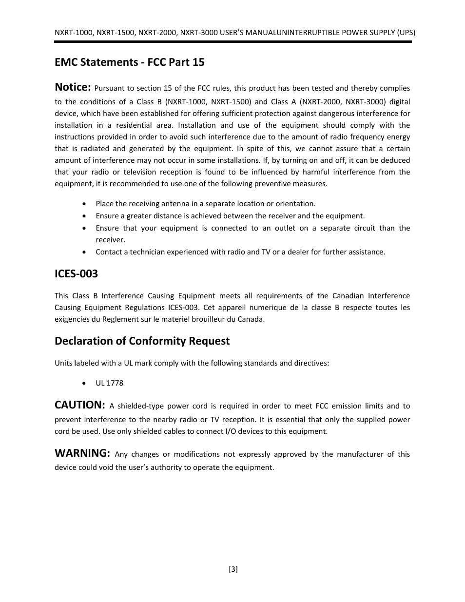 Emc statements ‐ fcc part 15 notice, Ices‐003, Declaration of conformity request | Caution, Warning | JuiceGoose NXRT Series User Manual | Page 3 / 45