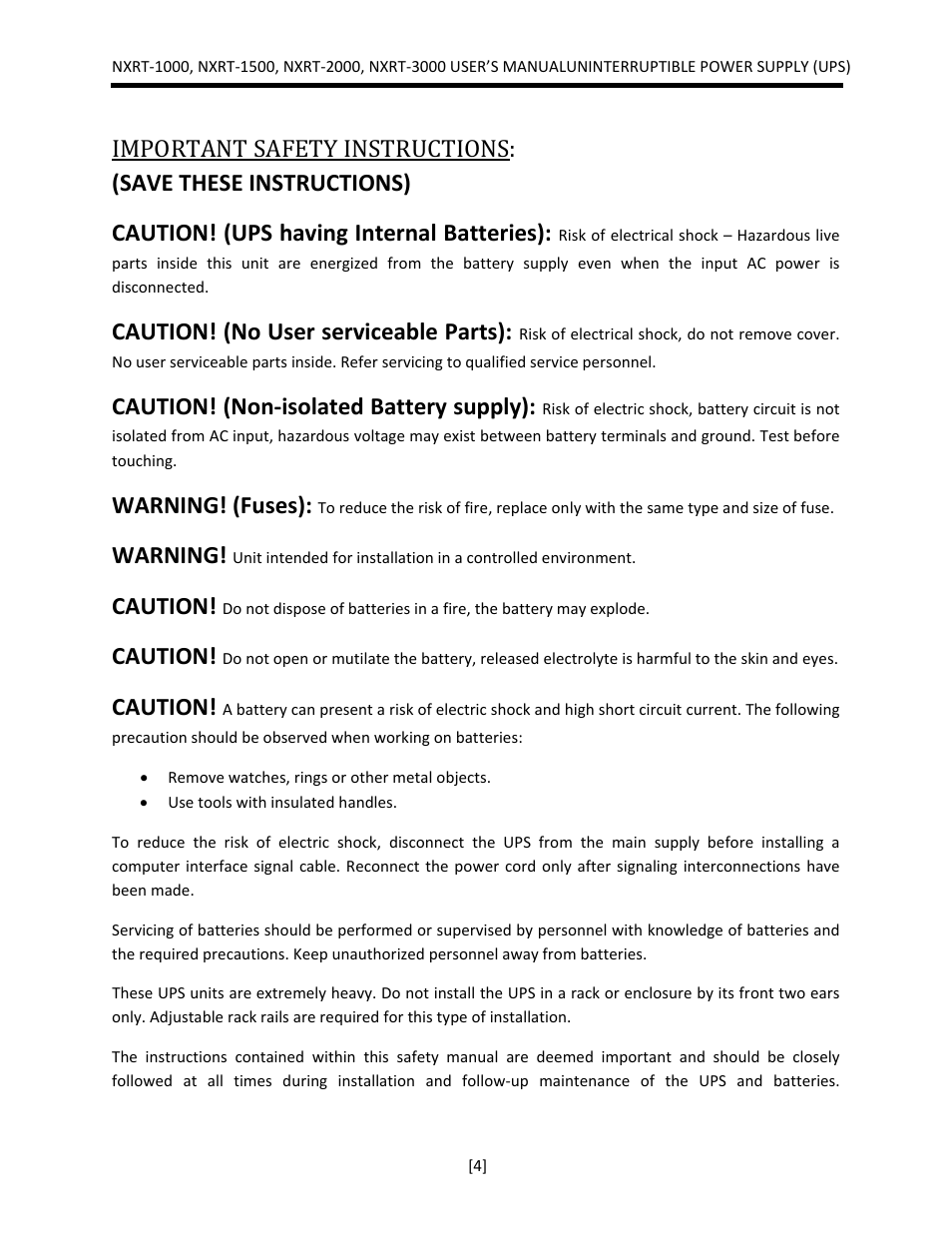 Important safety instructions, Caution! (no user serviceable parts), Caution! (non‐isolated battery supply) | Warning! (fuses), Warning, Caution | JuiceGoose NXRT Series User Manual | Page 4 / 45