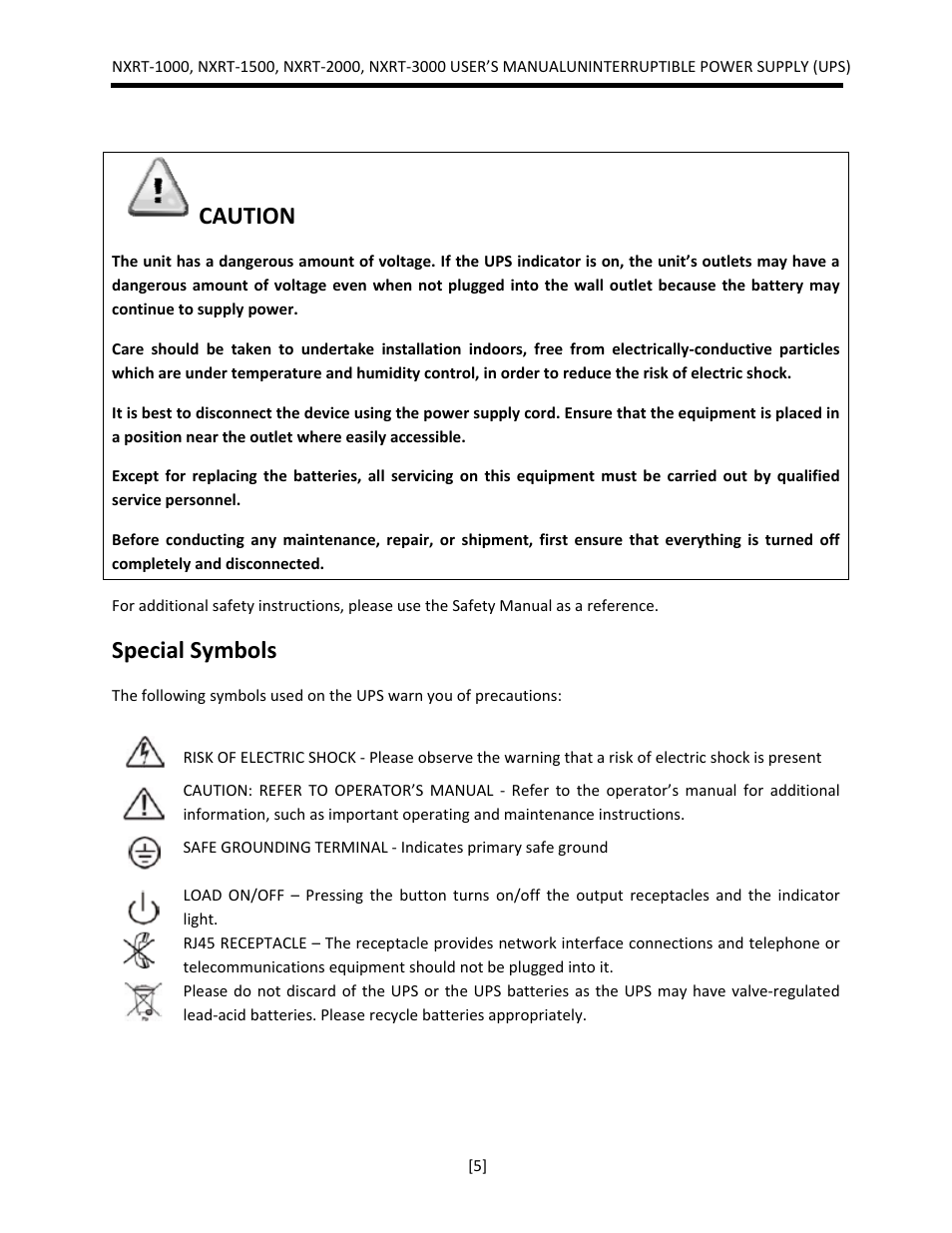 Caution, Special symbols | JuiceGoose NXRT Series User Manual | Page 5 / 45