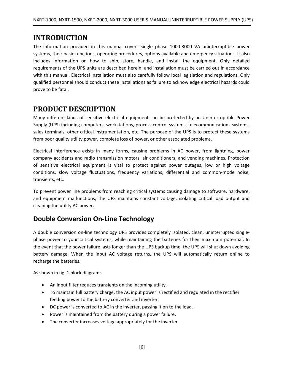 Introduction, Product description, Double conversion on‐line technology | JuiceGoose NXRT Series User Manual | Page 6 / 45