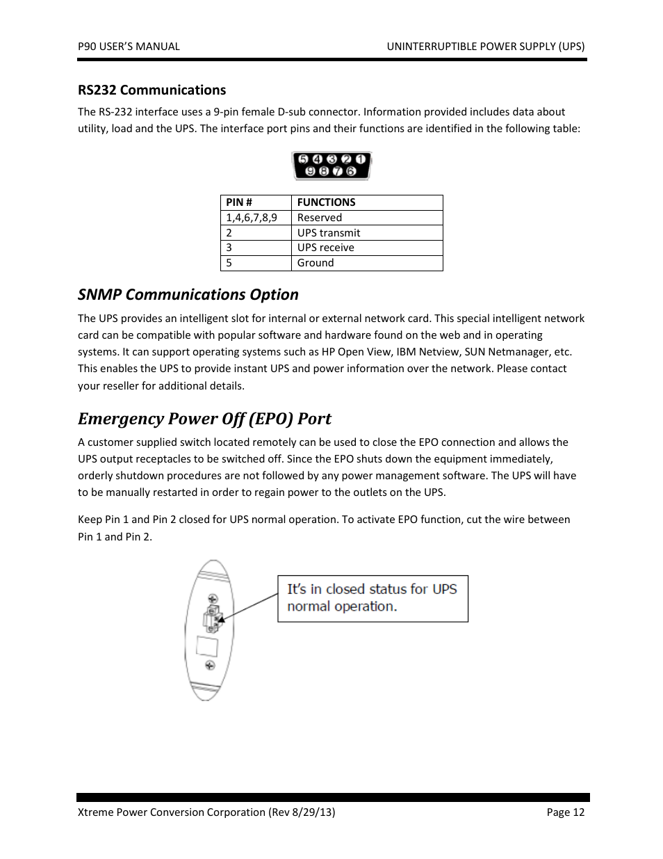 Rs232 communications, Snmp communications option, Emergency power off (epo) port | JuiceGoose P90 Series User Manual | Page 12 / 48