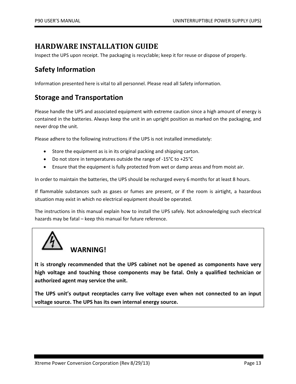Hardware installation guide, Safety information, Storage and transportation | Warning | JuiceGoose P90 Series User Manual | Page 13 / 48