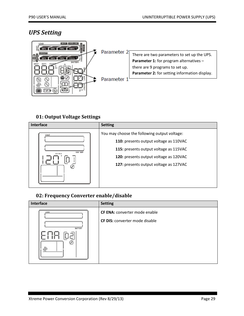 Ups setting, Output voltage settings, Frequency converter enable/disable | JuiceGoose P90 Series User Manual | Page 29 / 48