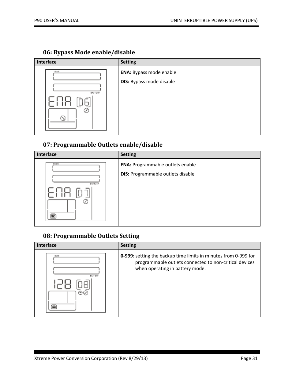 Bypass mode enable/disable, Programmable outlets enable/disable, Programmable outlets setting | JuiceGoose P90 Series User Manual | Page 31 / 48