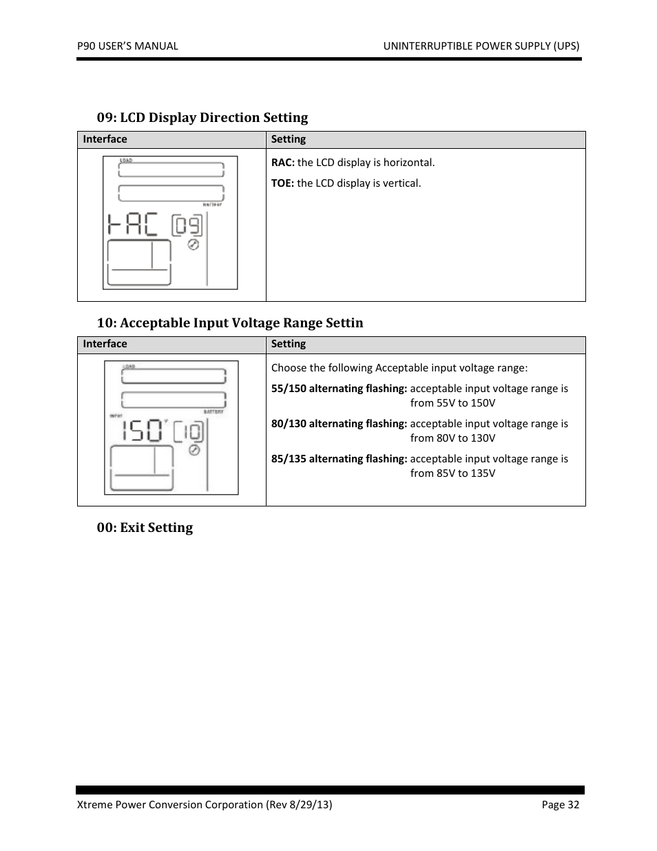 Lcd display direction setting, Acceptable input voltage range settin, Exit setting | JuiceGoose P90 Series User Manual | Page 32 / 48