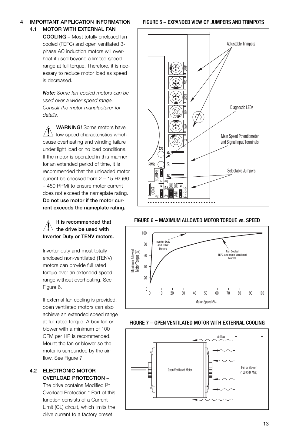 Figure 6 – maximum allowed motor torque vs. speed, Figure 5 – expanded view of jumpers and trimpots | KB Electronics KBVF-48 User Manual | Page 13 / 29