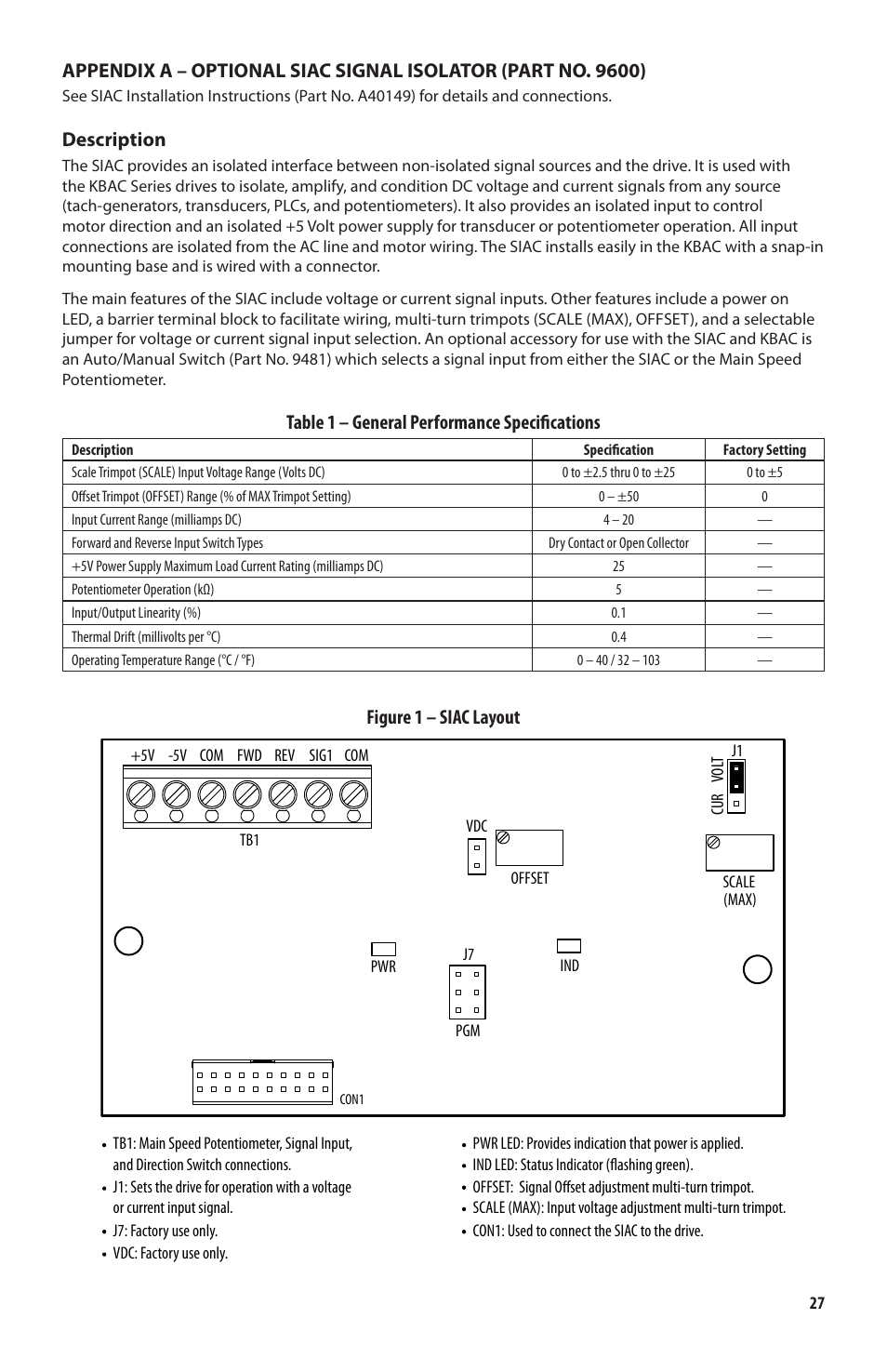 Description, Table 1 – general performance specifications, Figure 1 – siac layout | KB Electronics KBAC-48 User Manual | Page 27 / 28