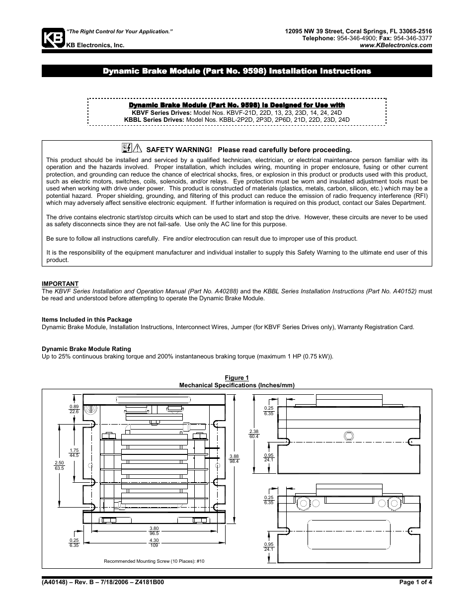 KB Electronics DBM Dynamic Braking Module for Single Phase Input Models User Manual | 4 pages