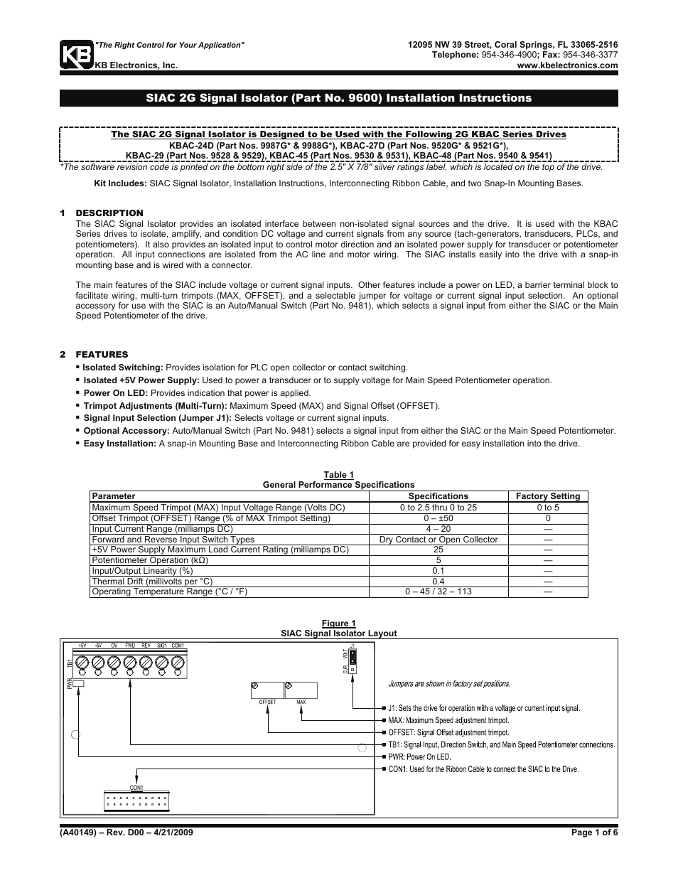 KB Electronics SIAC, Signal Isolator, installs inside all KBAC Controls User Manual | 6 pages