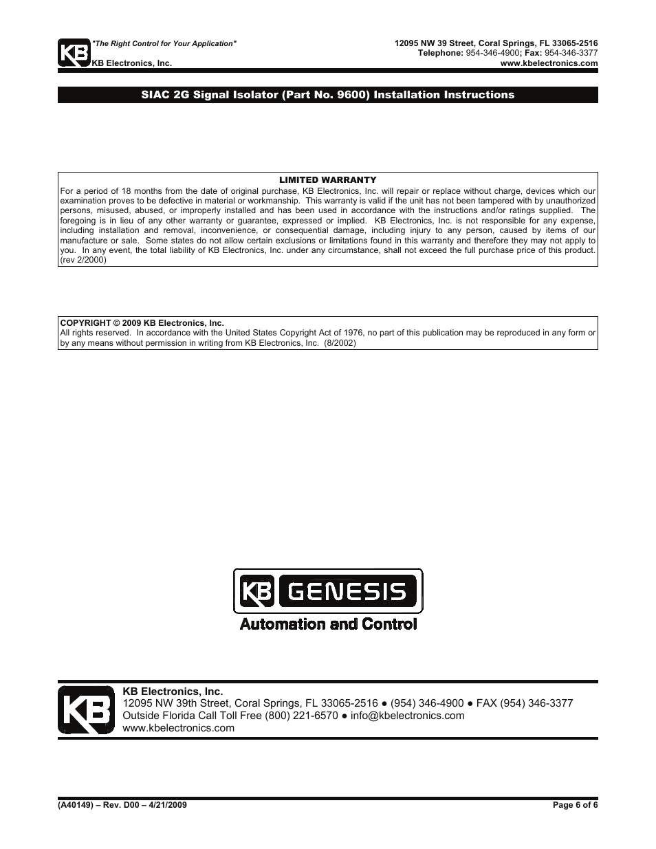 KB Electronics SIAC, Signal Isolator, installs inside all KBAC Controls User Manual | Page 6 / 6
