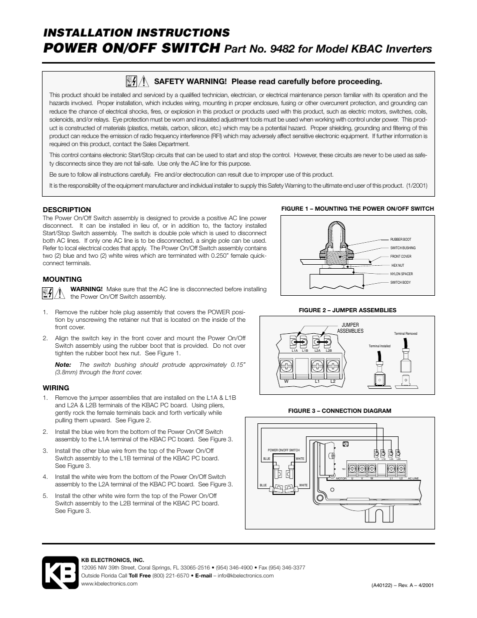 KB Electronics KBAC/KBDA -24D Power On/Off Switch Kit User Manual | 1 page