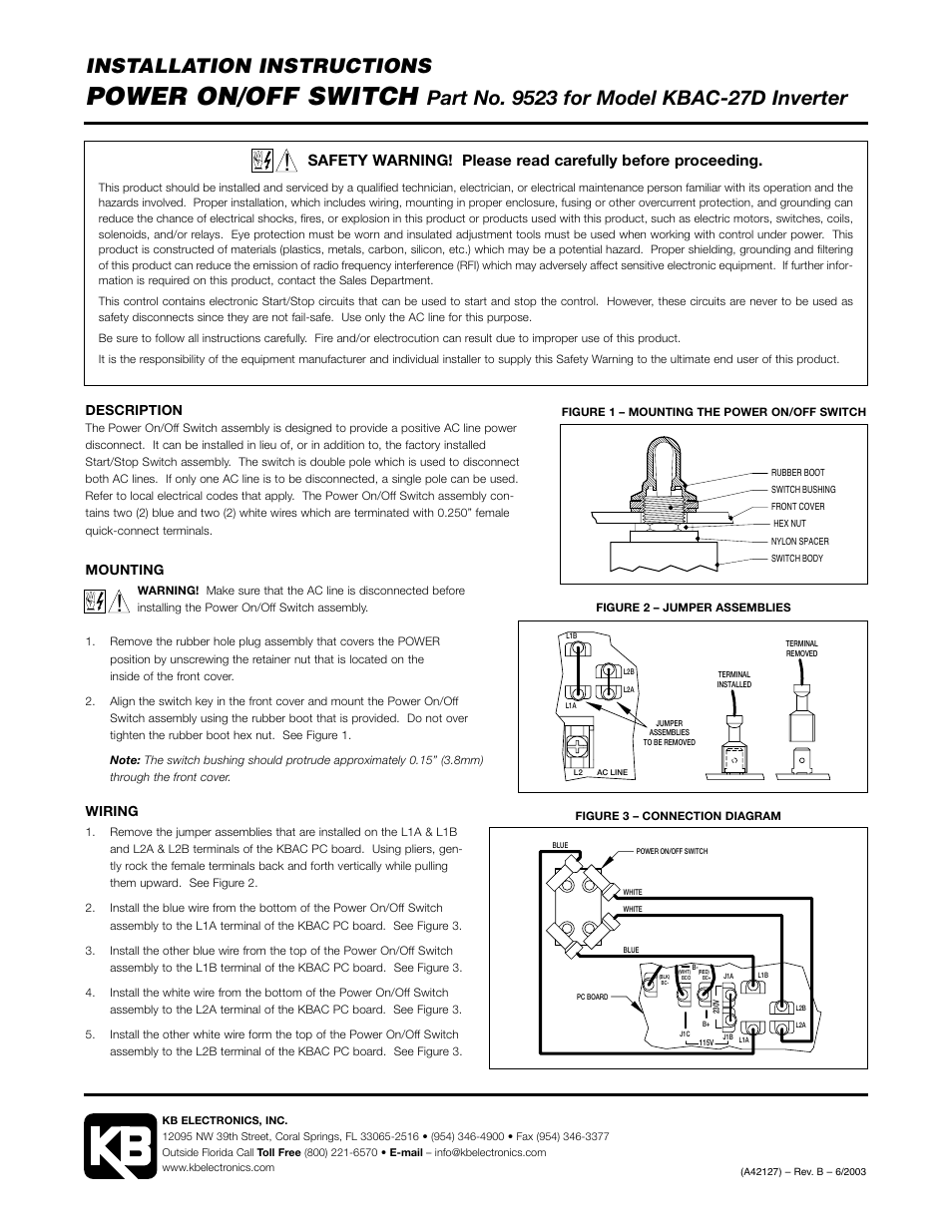 KB Electronics KBAC/KBDA-27D Power On/Off Switch Kit User Manual | 1 page