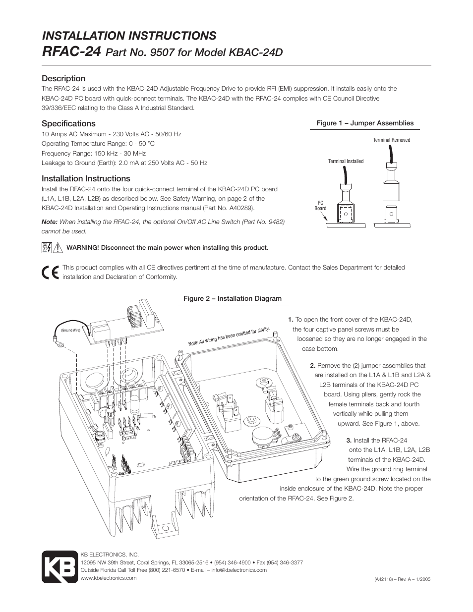 KB Electronics RFAC-24D CE Approved AC Line Filter, installs inside KBAC/KBDA-24D(Class A) User Manual | 1 page