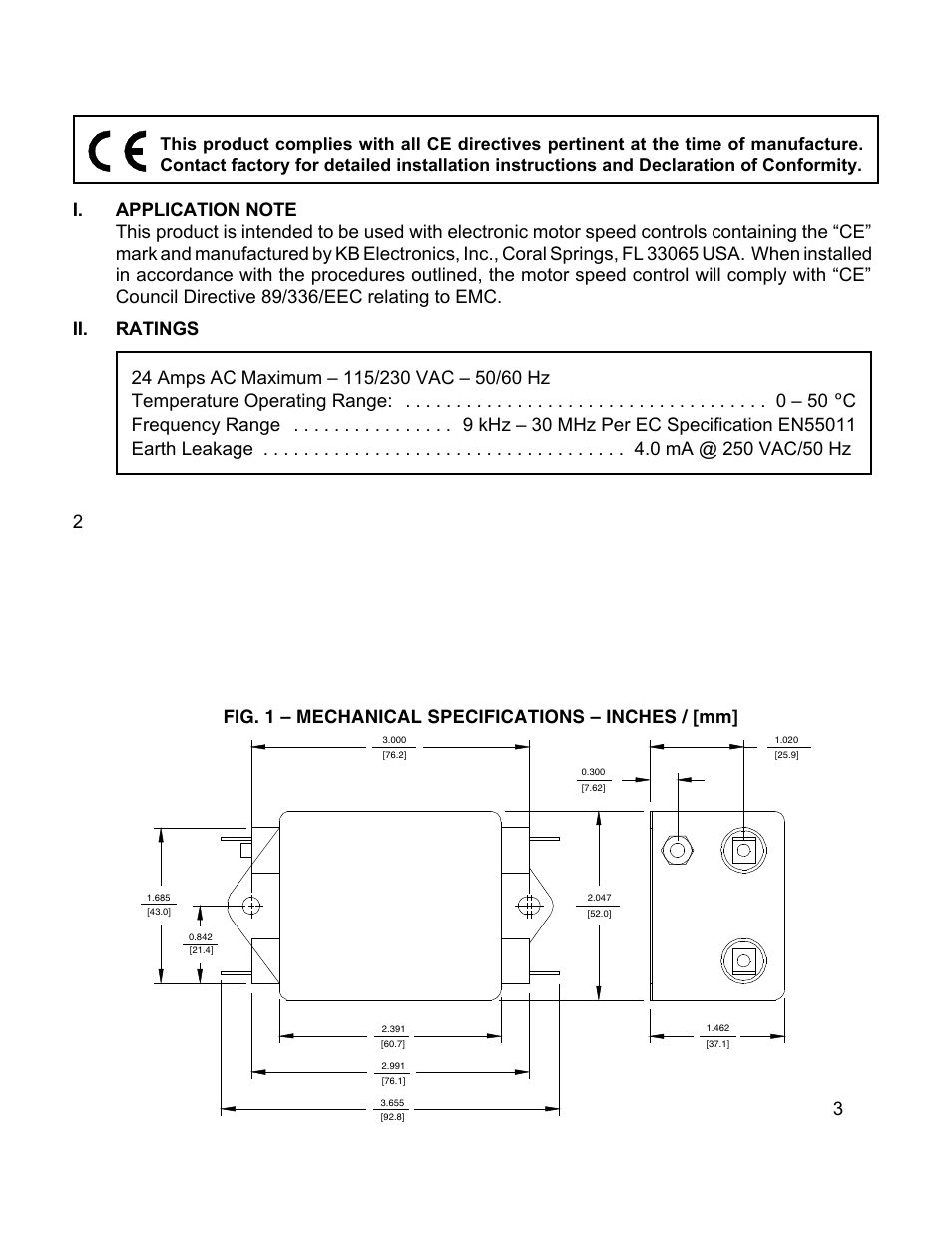 Fig. 1 – mechanical specifications – inches / [mm | KB Electronics KBRF-200A CE Approved AC Line Filter for SCR Controls (Class A) User Manual | Page 2 / 4