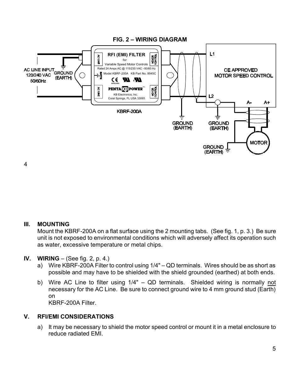 Fig. 2 – wiring diagram | KB Electronics KBRF-200A CE Approved AC Line Filter for SCR Controls (Class A) User Manual | Page 3 / 4