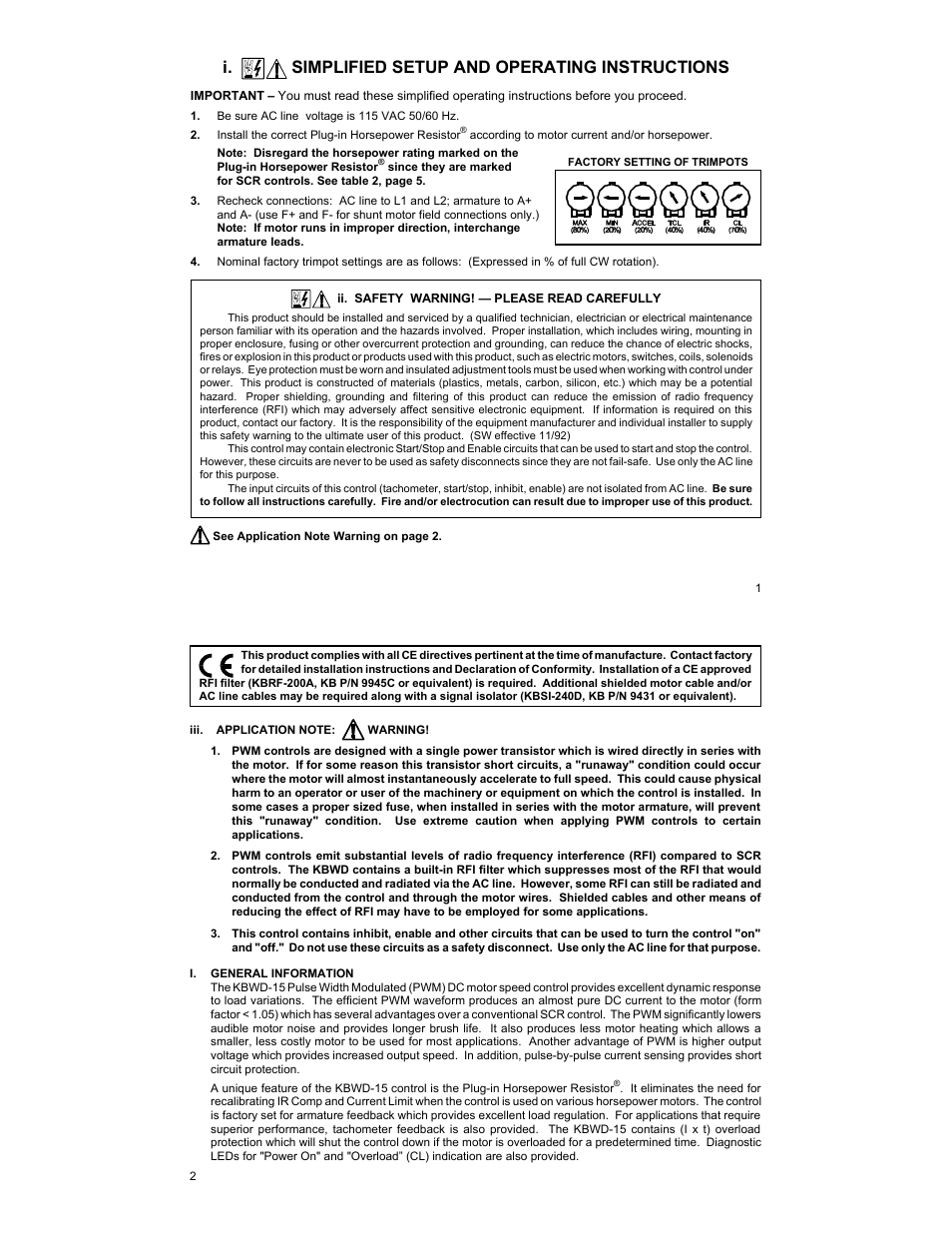 I. simplified setup and operating instructions | KB Electronics KBWD-15 User Manual | Page 2 / 9