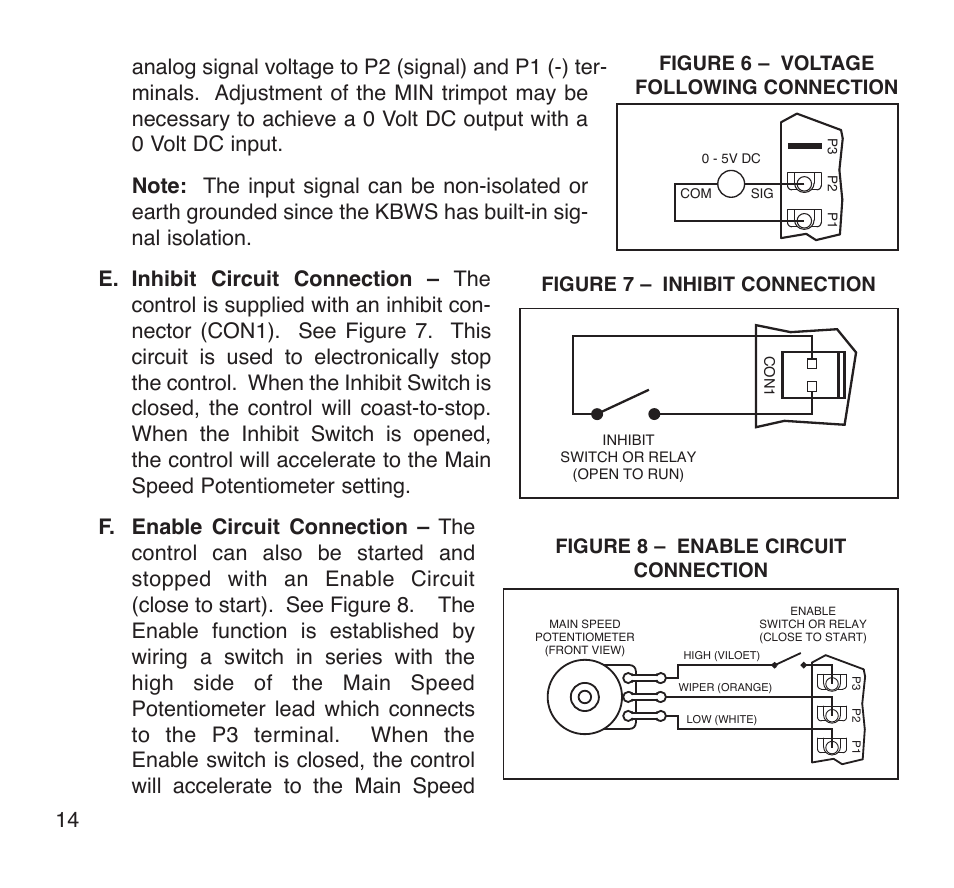 Figure 6 – voltage following connection, Figure 8 – enable circuit connection, Figure 7 – inhibit connection | KB Electronics KBWS-25D User Manual | Page 14 / 25