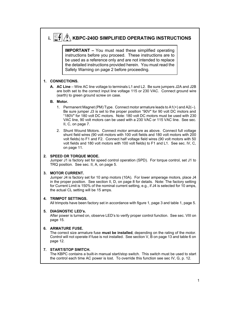 I. kbpc-240d simplified operating instructions | KB Electronics KBPC-240D User Manual | Page 4 / 22