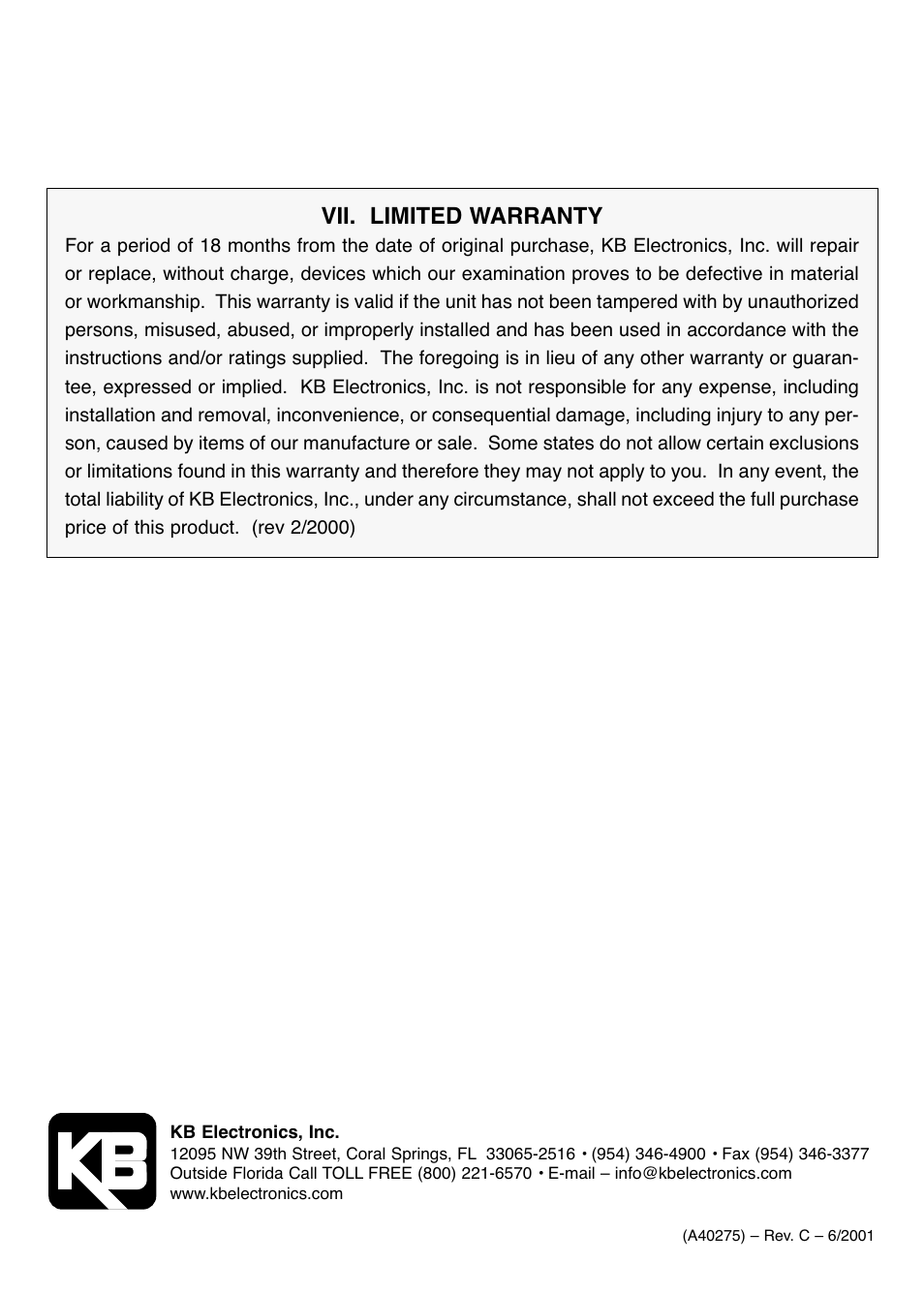 Vii. limited warranty | KB Electronics KBWM-240 User Manual | Page 16 / 16