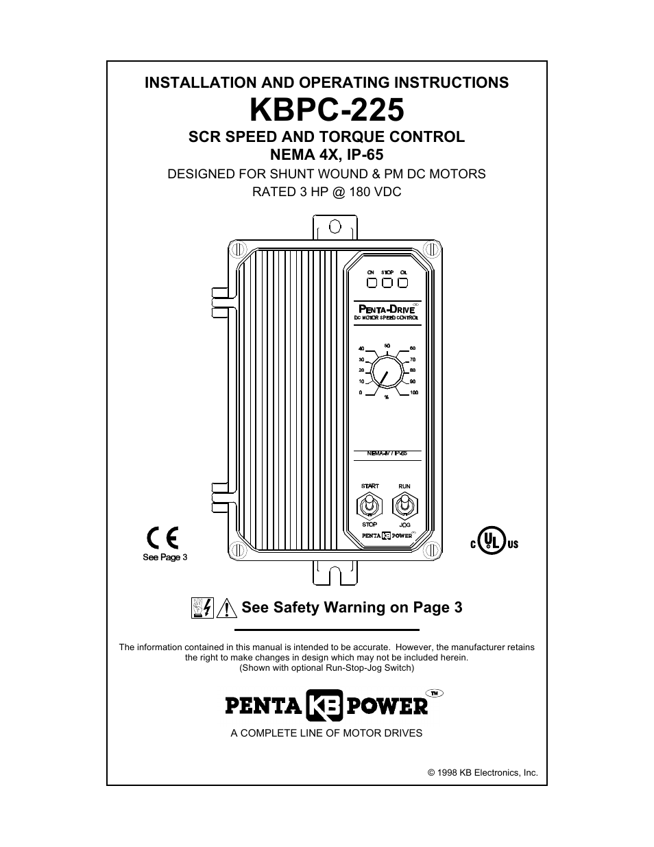 Kbpc-225, Installation and operating instructions, Scr speed and torque control nema 4x, ip-65 | See safety warning on page 3 | KB Electronics KBPC-225D User Manual | Page 3 / 19