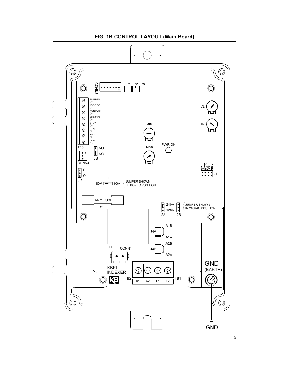 Fig. 1b control layout (main board), Earth), Kbpi indexer | KB Electronics KBPI-240DR User Manual | Page 7 / 24