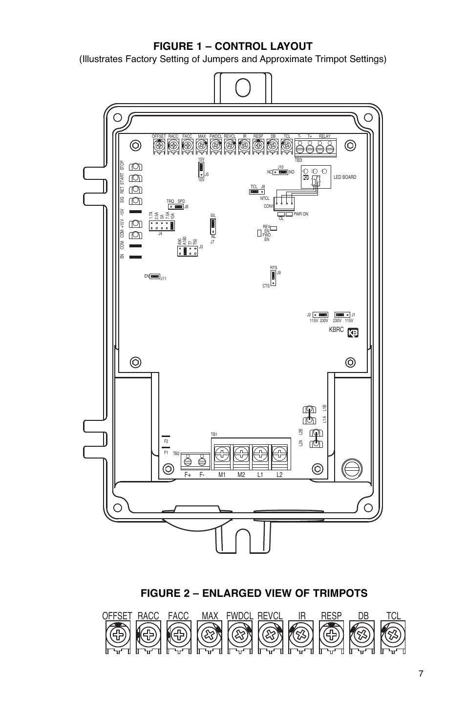 Figure 1 – control layout, Figure 2 – enlarged view of trimpots, Tcl db ir resp fwdcl max racc facc offset revcl | Kbrc, L2 l1 f- m1 m2 f | KB Electronics KBRC-240D User Manual | Page 7 / 24