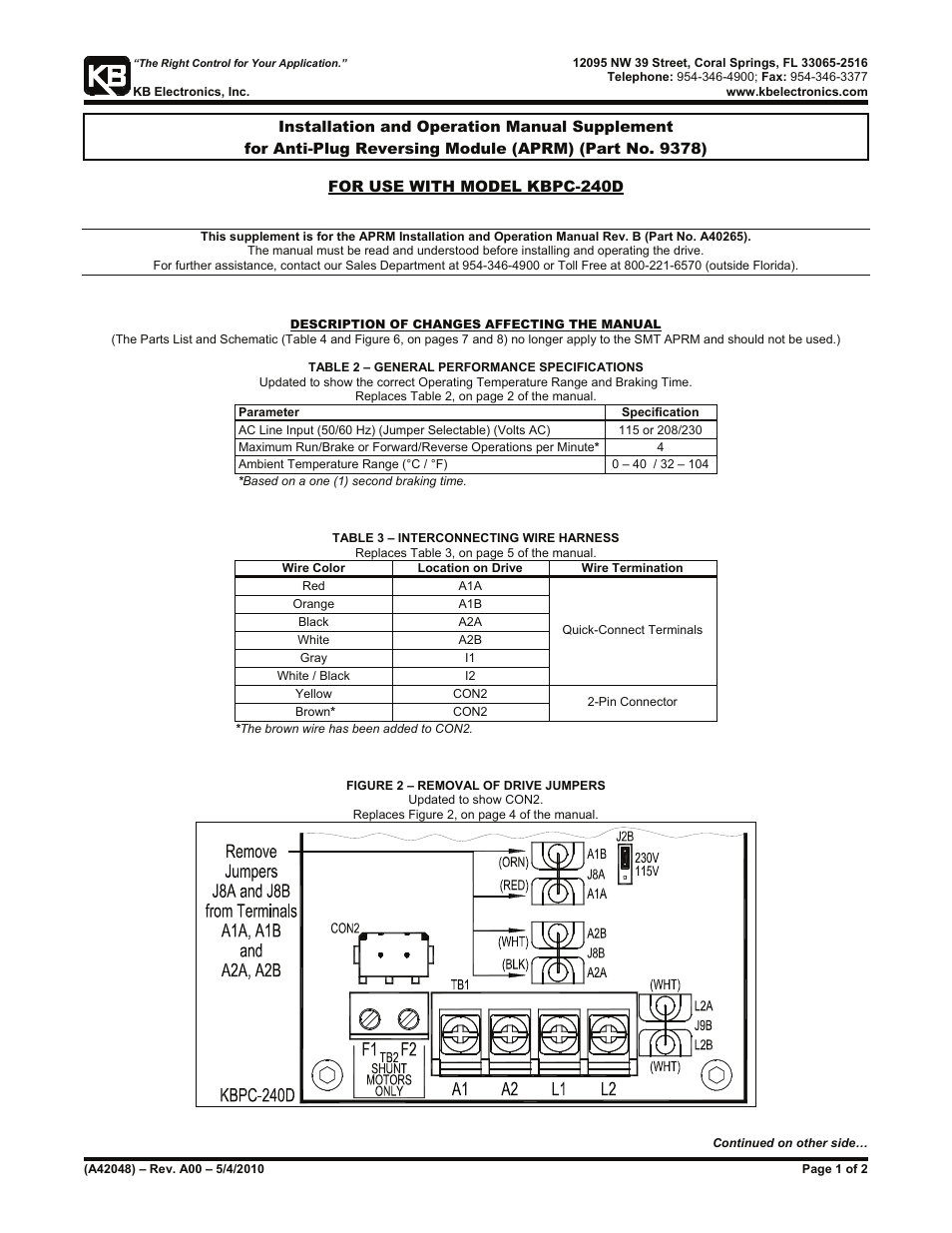 KB Electronics Anti Plug Reversing Module (APRM-PC) w/Switch Kit (for Model 240D Only) User Manual | 14 pages