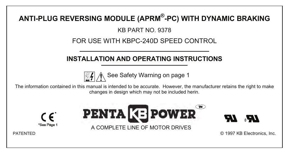 New_aprm-pc manual, Anti-plug reversing module (aprm, Pc) with dynamic braking | Kb part no. 9378, See safety warning on page 1 | KB Electronics Anti Plug Reversing Module (APRM-PC) w/Switch Kit (for Model 240D Only) User Manual | Page 5 / 14