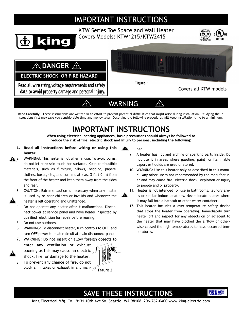 King Electric Model KTW User Manual | 4 pages