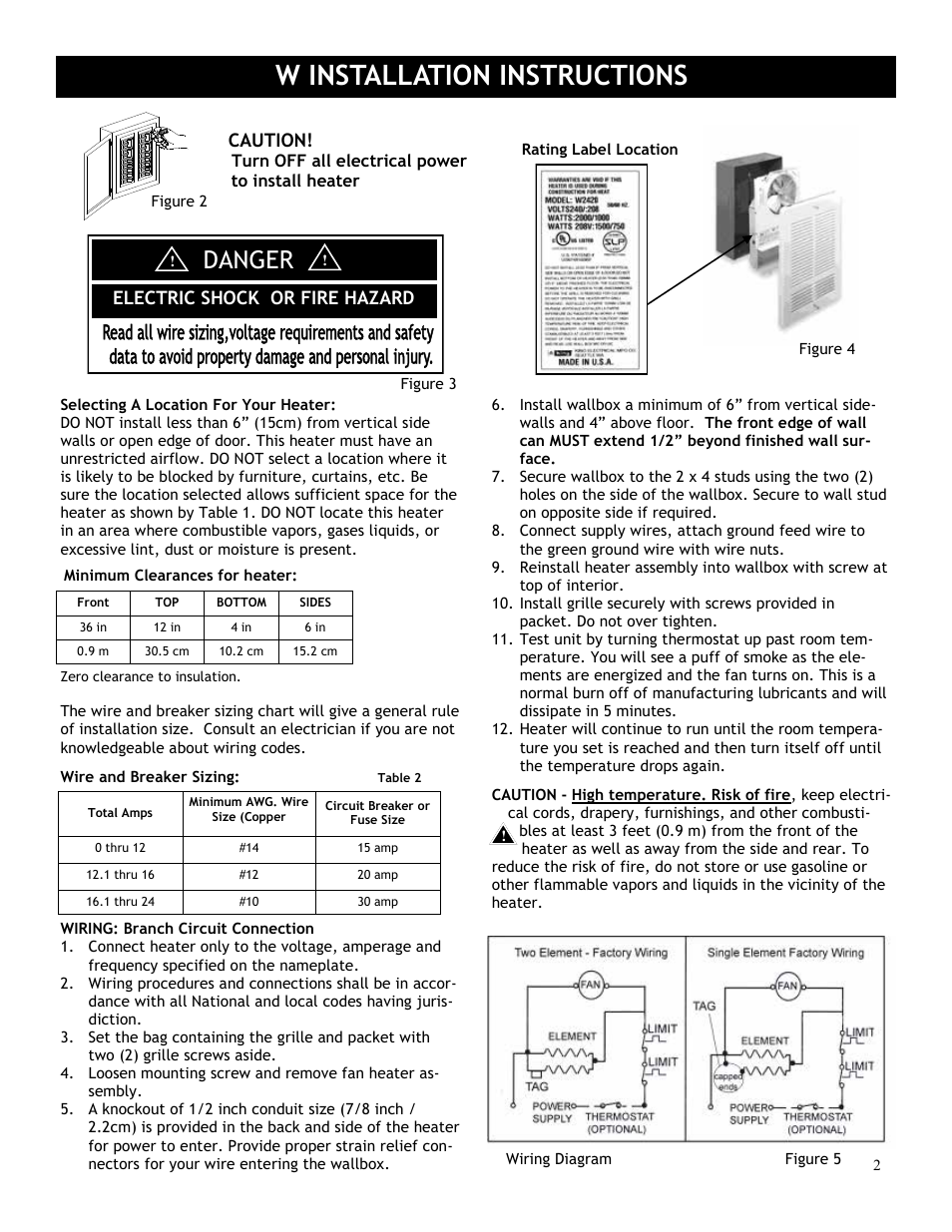 W installation instructions, Danger | King Electric Model W User Manual | Page 2 / 4