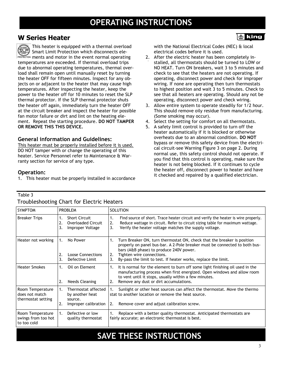 Operating instructions, Save these instructions, W series heater | King Electric Model W User Manual | Page 3 / 4
