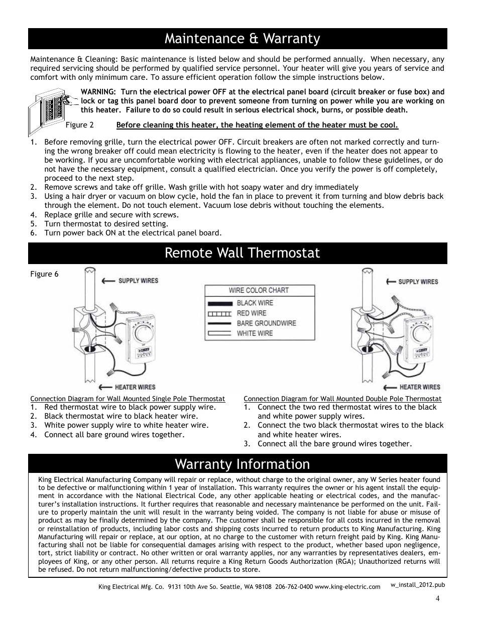 Maintenance & warranty, Remote wall thermostat, Warranty information | King Electric Model W User Manual | Page 4 / 4