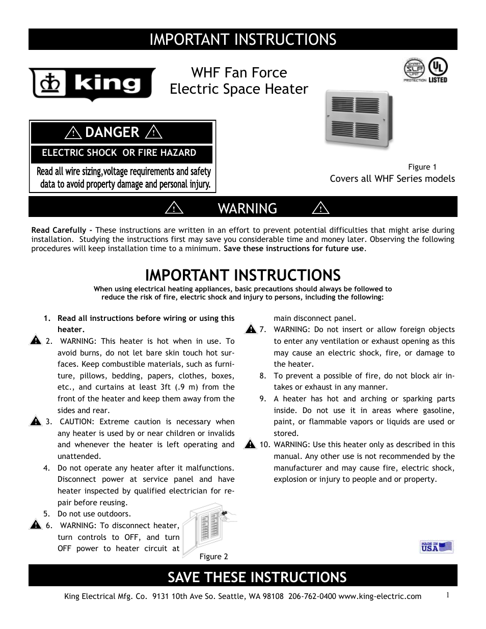 King Electric Model WHF User Manual | 4 pages