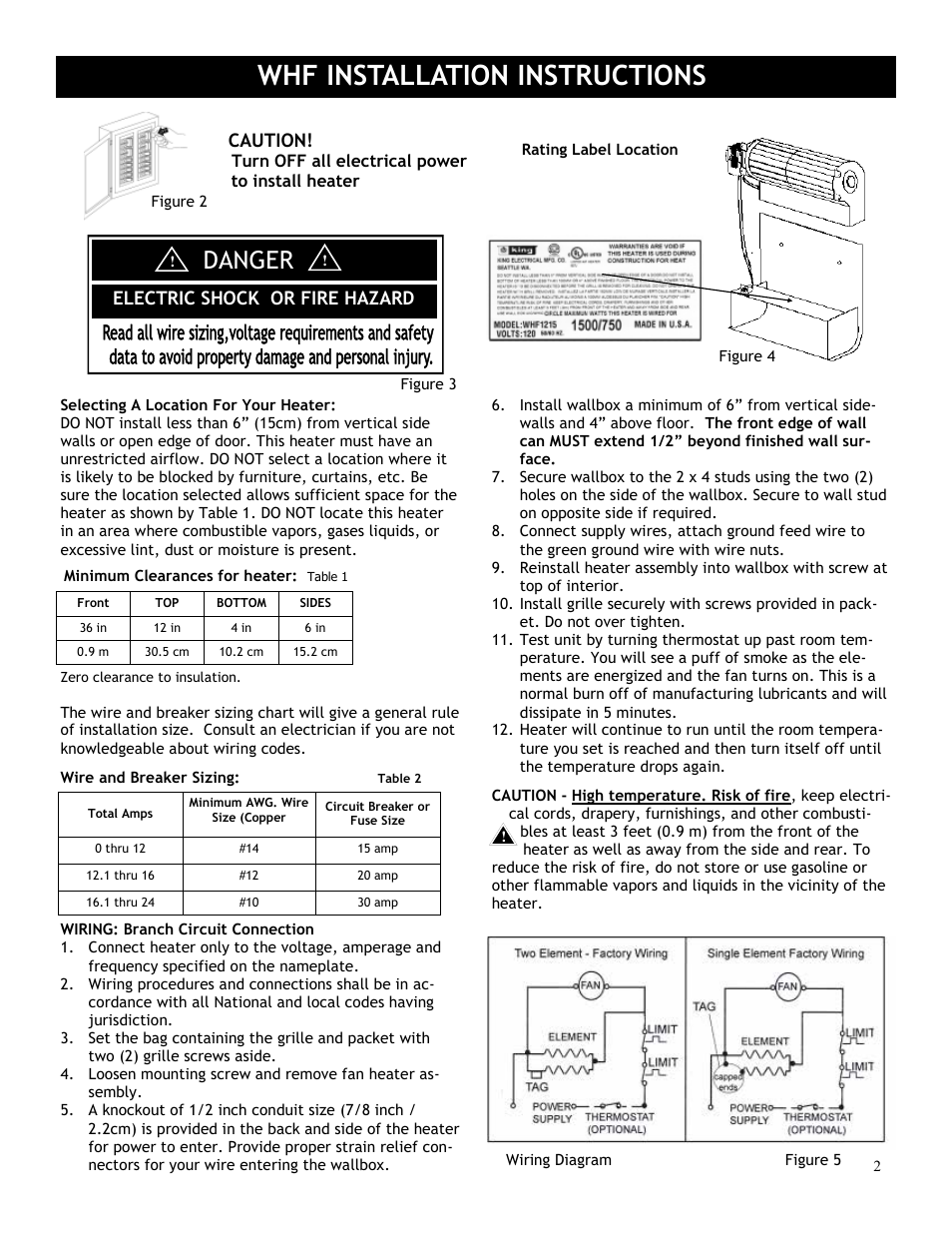 Whf installation instructions, Danger | King Electric Model WHF User Manual | Page 2 / 4