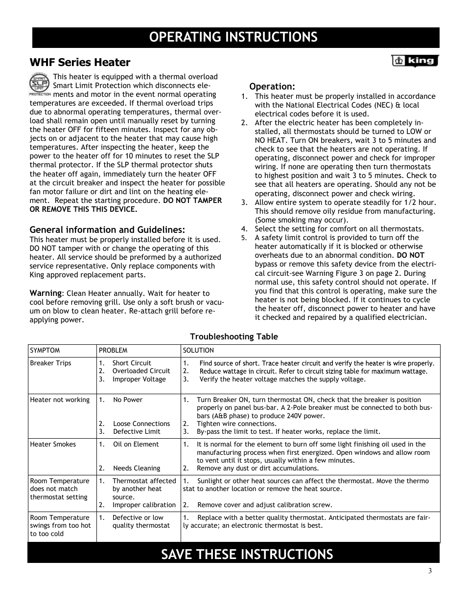 Operating instructions, Save these instructions, Whf series heater | King Electric Model WHF User Manual | Page 3 / 4