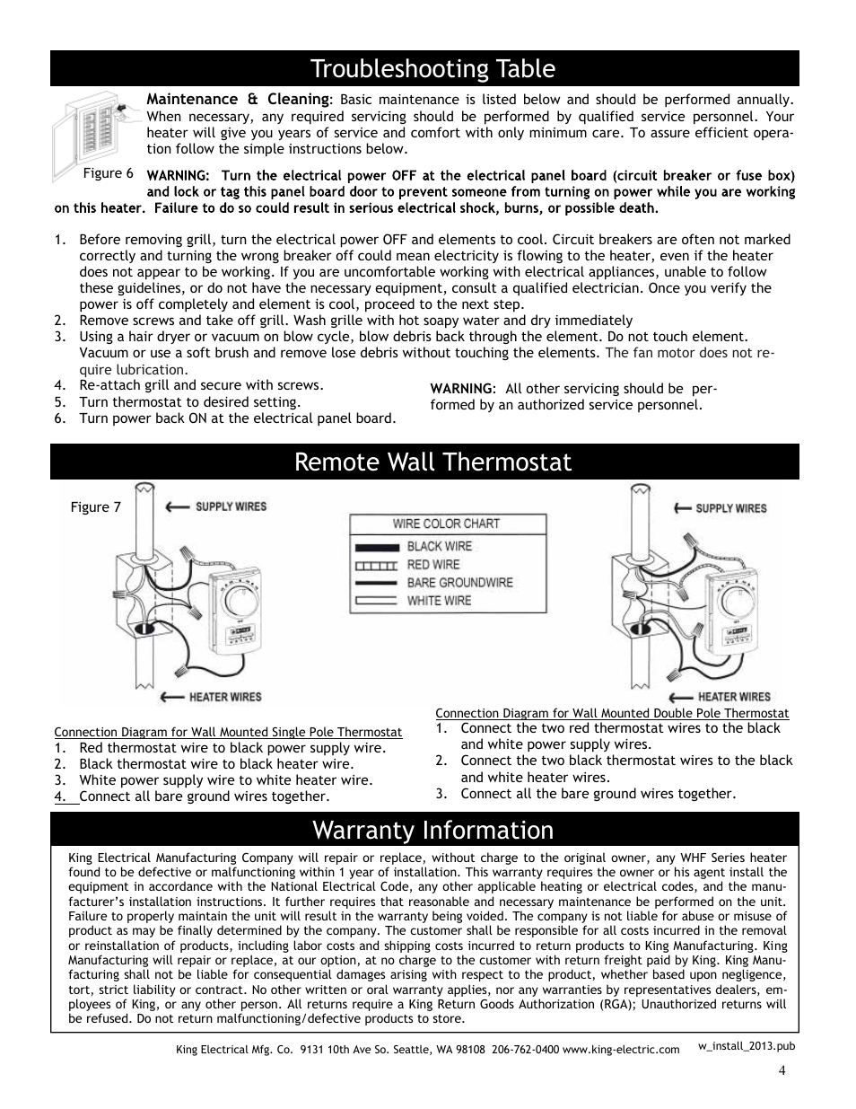 Remote wall thermostat, Warranty information, Troubleshooting table | King Electric Model WHF User Manual | Page 4 / 4