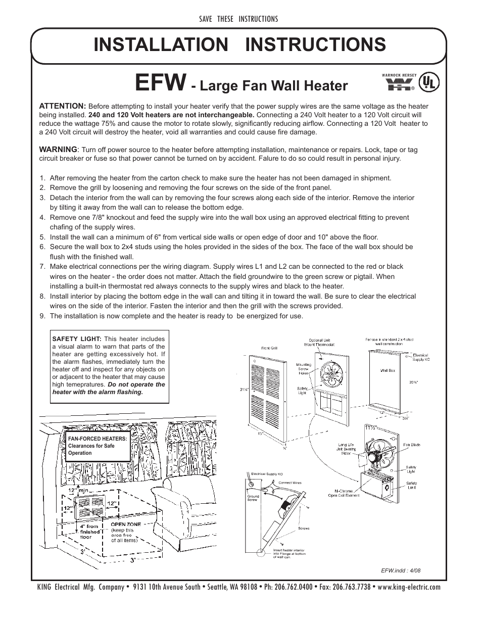 King Electric Model EFW User Manual | 2 pages