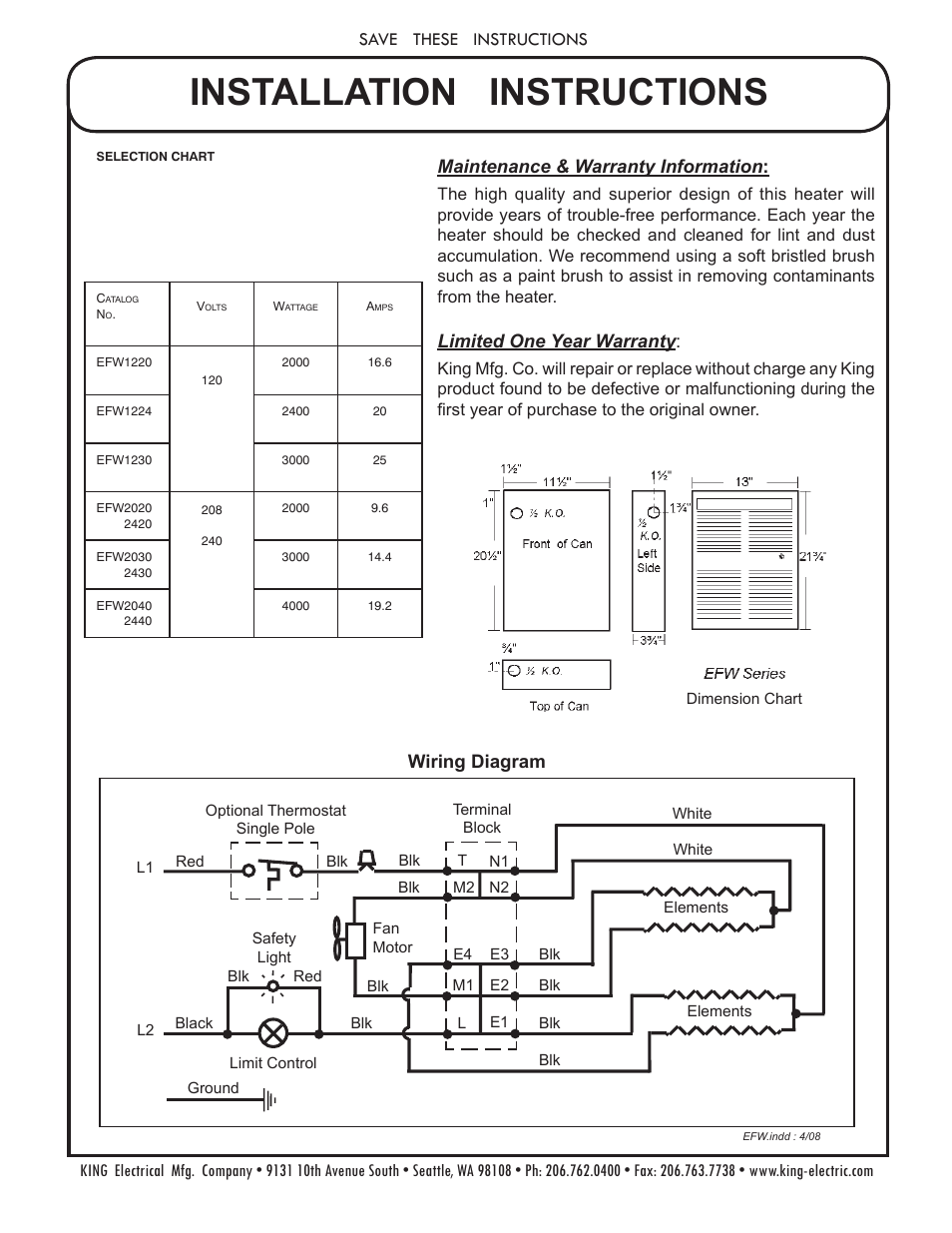 Installation instructions, Limited one year warranty, Wiring diagram | King Electric Model EFW User Manual | Page 2 / 2