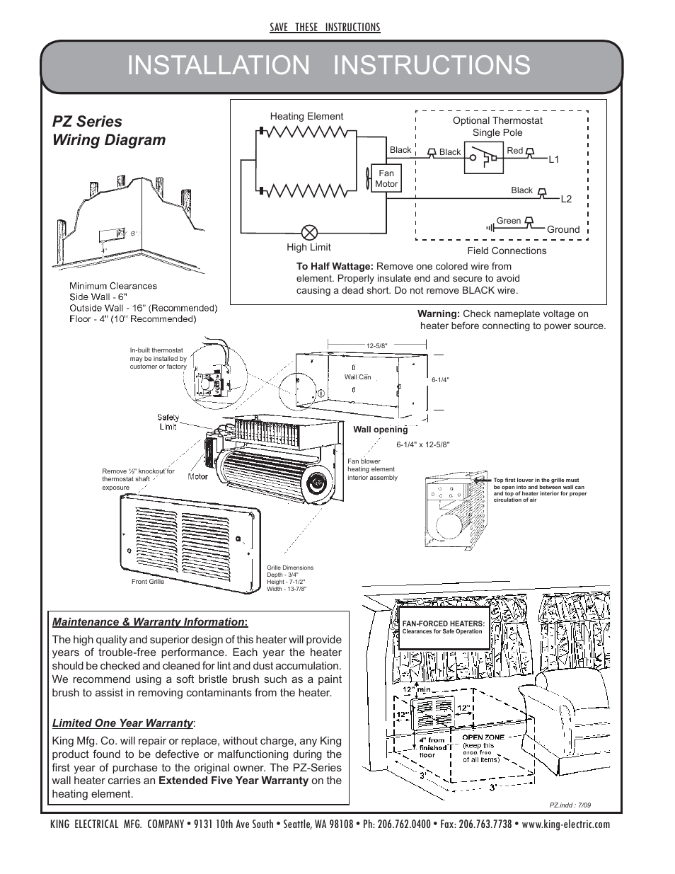 Installation instructions, Pz series wiring diagram, Save these instructions | King Electric Model PZ User Manual | Page 2 / 2