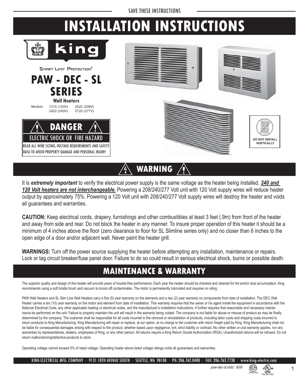 King Electric Model PAW-SS User Manual | 5 pages